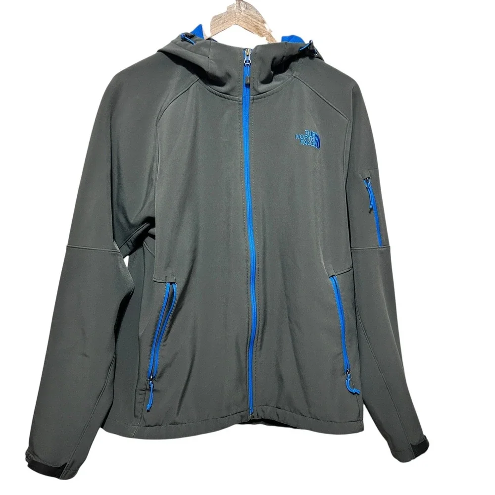 The‎ North Face Men Softshell Jacket L Gray Blue Hood Windproof Outdoor Gorpcore